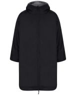 The Niton Tactical All Weather Dry Robe Coat in black is displayed, showcasing a front view. It features a water-resistant outer layer, a full-length zipper, and warm Sherpa fleece lining visible in the hood. The roomy design suggests ample space for laye