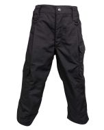 Front view of Niton Tactical Kids Trousers in Black, showing button and zipper closure, side pockets, and reinforced knee stitching