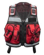 Front view of the Patrol Utility Vest in red, showing multiple pouches, zips, and attachments.