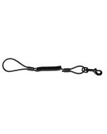 Short Coiled Tactical Kevlar Lanyard with Dog Clip, showing a compact coiled cable with looped ends and metal clip