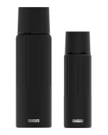 Sigg Thermo Flask Gemstone IBT Black in two sizes, with the larger 1.1L flask standing tall and the smaller 0.5L flask beside it. Both feature sleek, matte black finishes with embossed vertical lines for enhanced grip and stability, the SIGG logo prominen