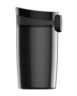 The SIGG Travel Mug Miracle Black 270ml (9 oz) displayed in profile, highlighting its sleek stainless steel body with a matte finish and the secure push-button in contrasting black, promising a modern and functional design for hot and cold beverages