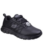 Front view of Skechers Ladies Sure Track Erath Work Shoe in Black, highlighting the lace-up closure, the label indicating slip resistance and memory foam comfort, and the side S logo.