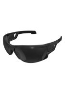 This image shows the Mechanix Wear Tactical Type-N Safety Glasses in smoke. The glasses feature a sleek, black design with a wraparound polycarbonate frame and dark smoke lenses. The rimless lens design provides a wide field of vision, and the soft-molded