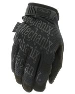 The image displays "The Original® Covert in Black" glove, featuring a close-up of the back of the glove. The glove showcases the distinctive "Mechanix Wear" branding in a grey print across a black background. The upper portion includes an adjustable Therm