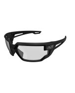 This image shows the Mechanix Wear Type-X Safety Glasses with a clear lens and black frame. The glasses have a robust, wrap-around design providing full coverage and protection. The clear lenses are enclosed in a sturdy black frame with distinctive cutout