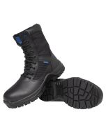 Angled view of Blueline 8in Patrol Black Police Boots showcasing the leather and nylon upper, robust lacing system, and the blue accent on the padded collar indicating the brand identity.
