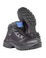 Image of Blueline 6in Patrol Black Police Boots viewed from an angle showcasing the robust tread pattern on the sole. The boots are designed with a black Buffalo Leather and Nylon upper, a distinct blue Blueline tag on the side, and a comfortable padded c