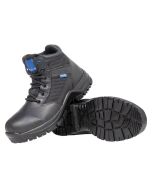 Side perspective of Blueline 6in Patrol Black Police Boots, highlighting the sleek black leather construction with integrated nylon panels for breathability. Visible are the metal eyelets for lacing, blue Blueline branding, and the durable, high-grip sole