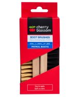 This image shows the packaging of the Cherry Blossom Leather Boot Care Brush Set. The set is packaged in a vibrant red box with a clear window displaying two brushes: one with stiff black bristles for tough dirt removal, and another with softer natural br