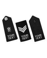 A display of three custom embroidered epaulettes for police uniforms, featuring a silver SC Crown on the left, sergeant chevrons in the centre, and a standard button on the right. Each epaulette has 'YOUR TEXT' placeholder for personalisation set against 