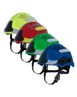 Assortment of MSA GALLET F2XR helmets in yellow, red, green, and blue hues, viewed from a side angle