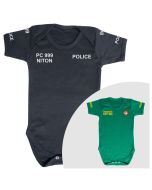 Children's Short-sleeved baby vests. Choose between AMBULANCE, PARAMEDIC, POLICE or SECURITY options, customised for a unique gift for someone special.