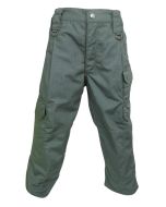 Front view of Niton Tactical Kids Trousers in Medic Green, featuring multiple pockets, a button fastening, and durable fabric construction