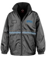 The front view of the 'Children's Police Waterproof Jacket' displays a zippered closure, a microfleece-lined collar for warmth, and elasticated cuffs. It includes a 'POLICE' patch on the right chest, with 'PC 999 NITON' printed beside it, and a blue and w
