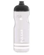 A 0.75L Sigg Water Bottle Pulsar in transparent white, showcasing its sleek
design with a black cap. The translucent body reveals the water level and the bottle's unique grip texture, with the 'Pulsar' and 'Sigg' branding prominently displayed.