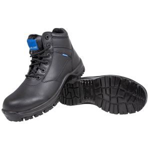 A single Blueline Patrol S3 Safety Boot angled to display both the side profile and the sole. The black leather upper shows the metal eyelets for the laces, a padded collar, and the distinctive Blueline logo on the tongue. The robust sole has an intricate