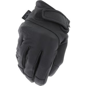 The Mechanix Wear Durahide™ Leather Needle & Cut Resistant Glove is shown from the top view. The glove is black with a durable leather finish. It features a secure hook and loop closure on the wrist for a snug fit. The branding and intricate stitching det
