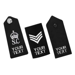 A display of three custom embroidered epaulettes for police uniforms, featuring a silver SC Crown on the left, sergeant chevrons in the centre, and a standard button on the right. Each epaulette has 'YOUR TEXT' placeholder for personalisation set against