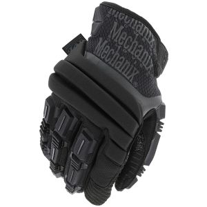 The M-Pact 2 Covert Black Impact Gloves are displayed from the back, highlighting the accordion knuckle guard and reinforced finger protection. The Mechanix Wear branding is visible on the gloves. The glove material appears textured and durable, designed