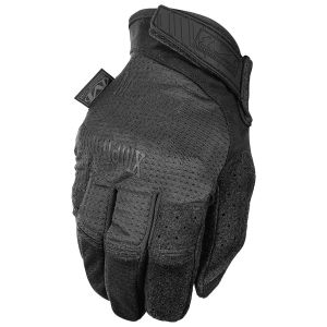 This image displays the back side of a Mechanix Specialty Vent in Black glove. The glove's design features a durable mesh fabric for optimal breathability, along with a low-profile Thermoplastic Rubber (TPR) closure for a secure fit. The glove is predomin