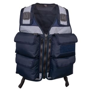 Frontal view of the Niton Tactical 4 Pocket Navy Security Vest, showcasing its robust build and ample storage. The vest features four large bellowed pockets with secure closures, two KlickFast docks on the shoulders for equipment attachment