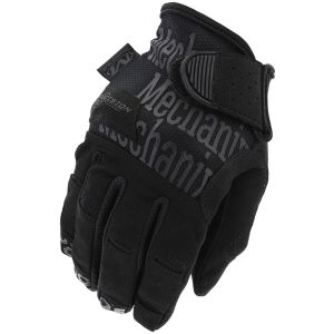 Close-up of the Precision Pro High-Dexterity Grip Gloves showing the back of the glove. The glove is black with the 'Mechanix' logo printed in grey. It features a secure hook and loop cuff design for flexible movement and a robust material build suitable