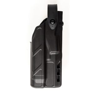 This photo showcases the Safariland 7TS Holster Belt Mounted designed specifically for the Glock 17 Gen 1-4 with TLR1 Light. The holster, presented in a profile view against a white background, emphasizes its sleek, black structure made from non-abrasive
