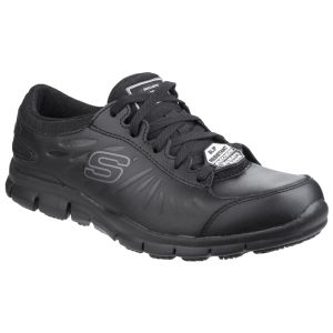 Side view of Skechers Women's Workwear Eldred Shoe, focusing on the textured design and logo.