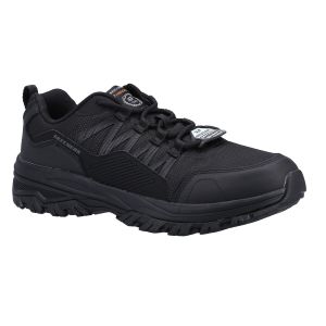 The Skechers Fannter Slip-Resistant Work Trainers in Black showcase a robust side profile, featuring intricately woven mesh fabric for breathability, a sleek leather overlay, and a prominent heel pull tab for ease of entry.