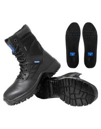 Angled view of Blueline 8in Patrol Black Police Boots showcasing the leather and nylon upper, robust lacing system, and the blue accent on the padded collar indicating the brand identity.
