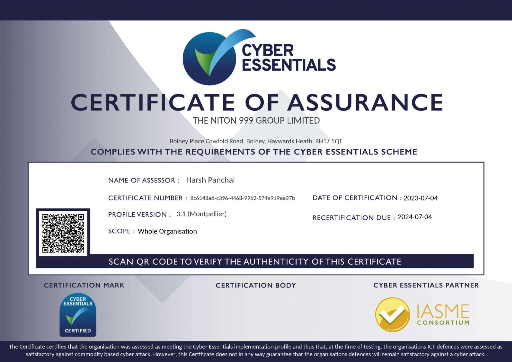 Cyber Essentials certificate