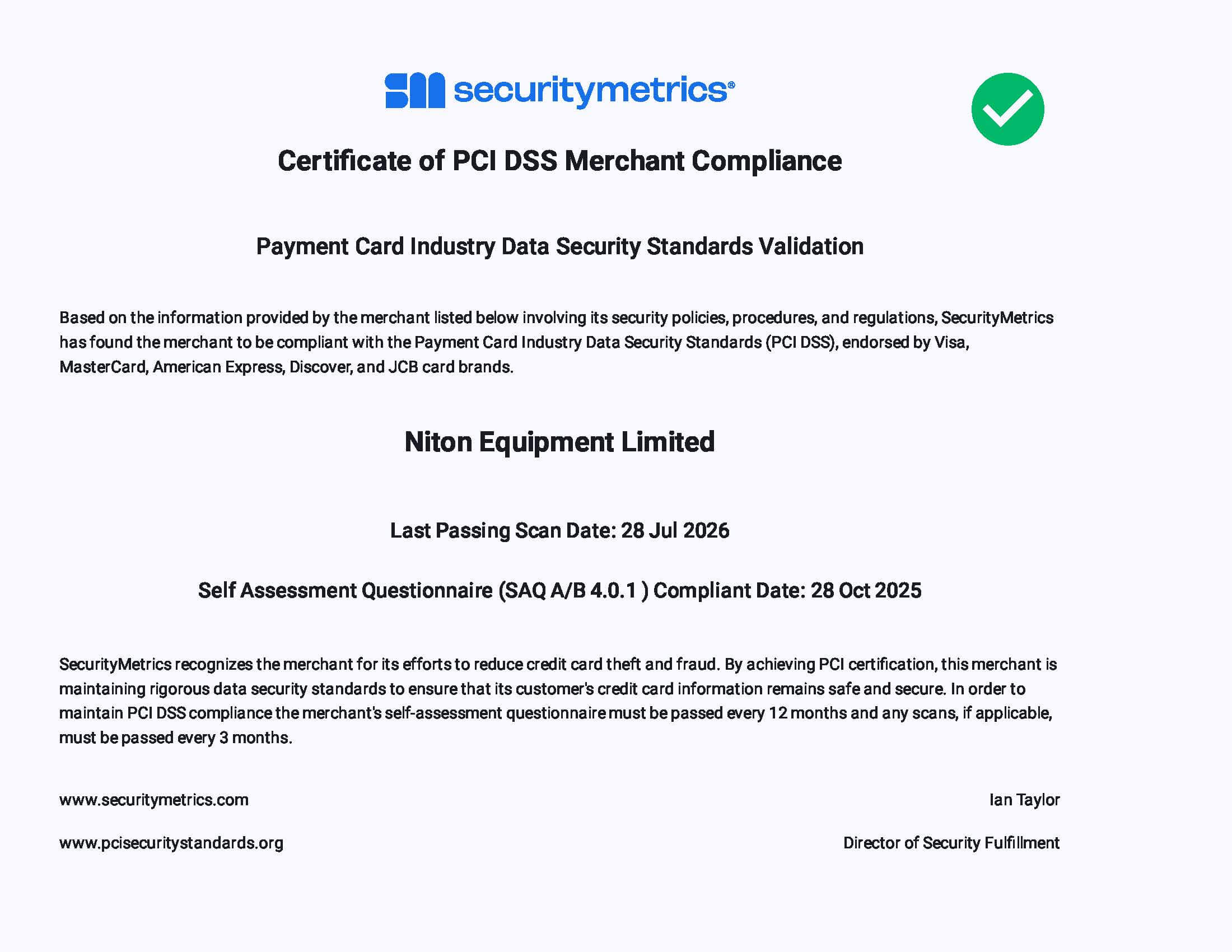 PCI certificate
