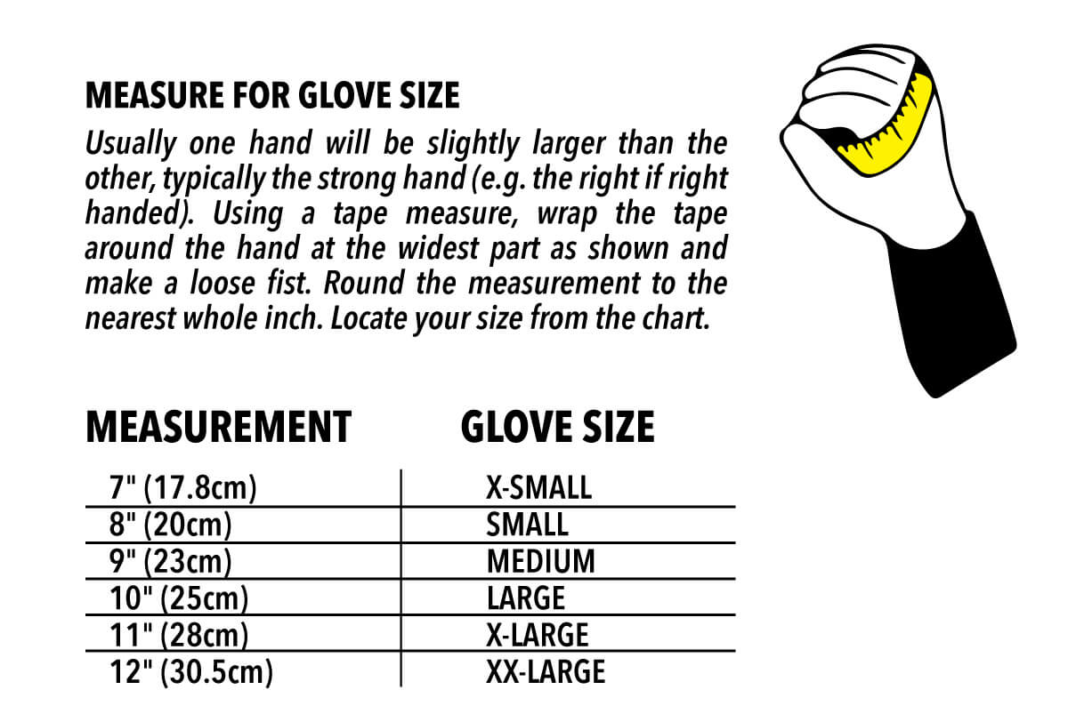 Glove size chart for Patrol Guard™ Gloves, showing hand measurements and corresponding glove sizes from X-Small to XX-Large.